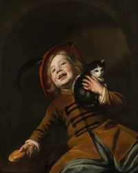 Portrait of a Boy with a Cat, Red Hat, and a Piece of Bread